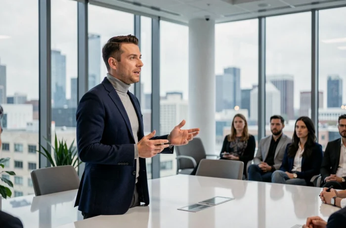 Aaron Nouchy présentant ses idées lors d'une conférence professionnelle dans un espace de travail moderne