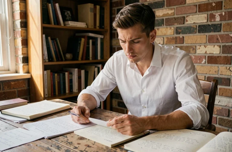 Aaron Nouchy jeune homme déterminé travaillant à son bureau lors de ses débuts professionnels