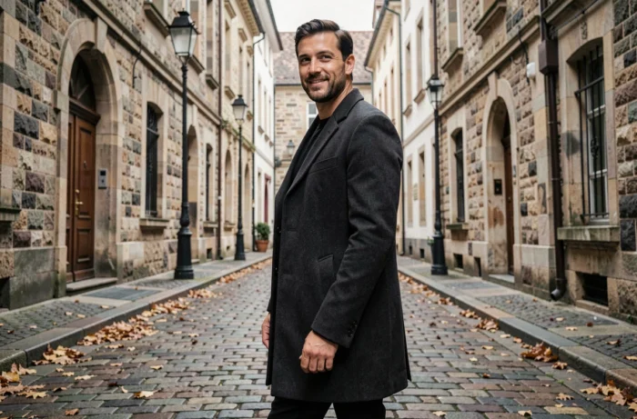Aaron Nouchy posant dans une rue pavée européenne symbolisant son parcours et sa réussite personnelle