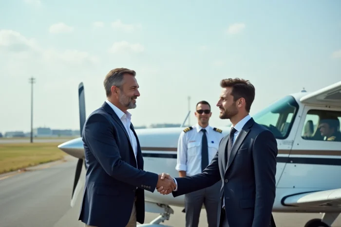 Cadre d'entreprise serrant la main d'un pilote sur le tarmac avant un survol de Paris dans le cadre d'un événement professionnel