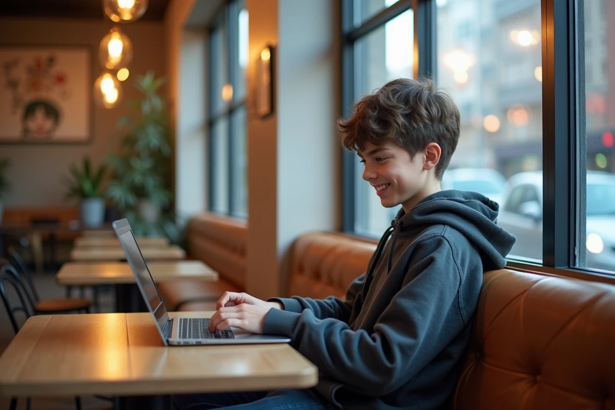 Adolescent souriant naviguant sur manga sur ordinateur portable au café