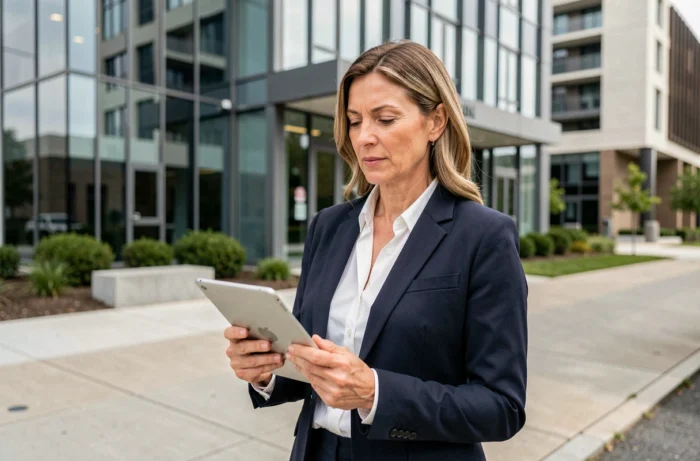 Agent immobilière professionnelle devant un immeuble moderne en verre, tenant une tablette numérique avec des annonces immobilières