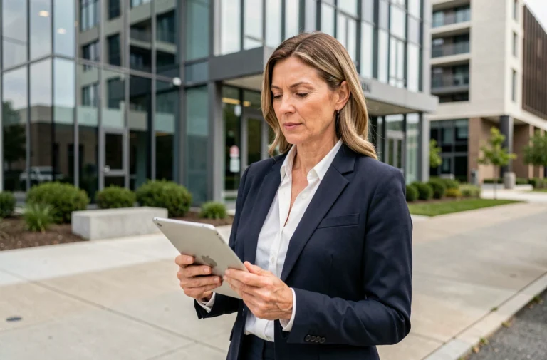 Agent immobilière professionnelle devant un immeuble moderne en verre, tenant une tablette numérique avec des annonces immobilières