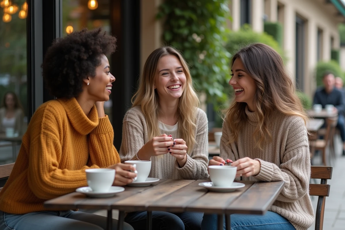 Trois amis souriants autour d un café en terrasse