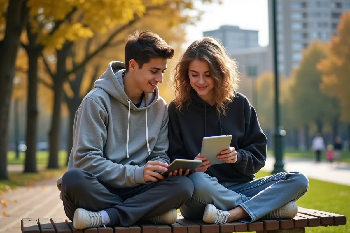 Adolescents partageant une série sur une tablette dans un parc