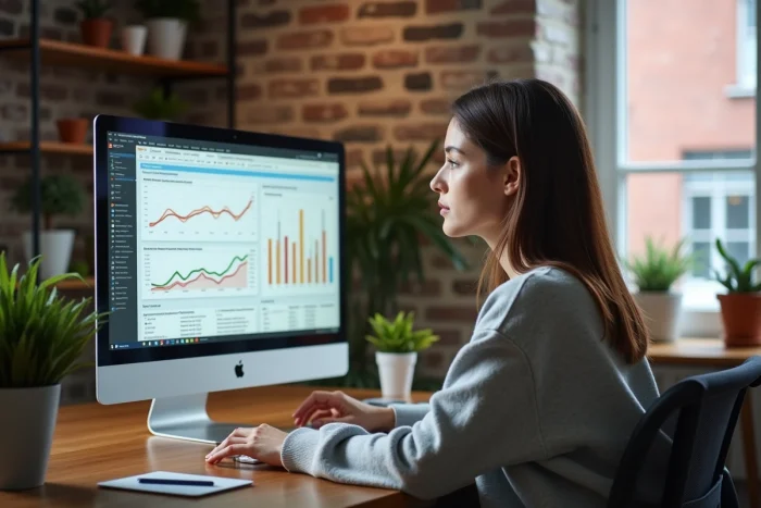 Femme analysant des données SEO et statistiques de visibilité web sur un grand écran dans un bureau moderne