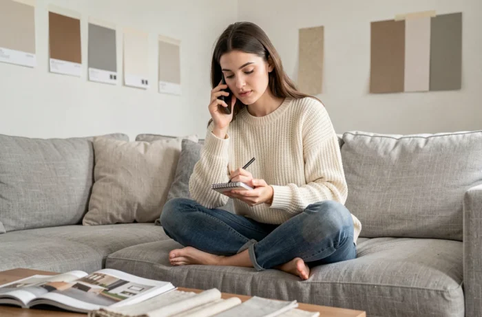 Joven mujer contactando por teléfono a un experto en decoración de interiores desde su salón en proceso de renovación