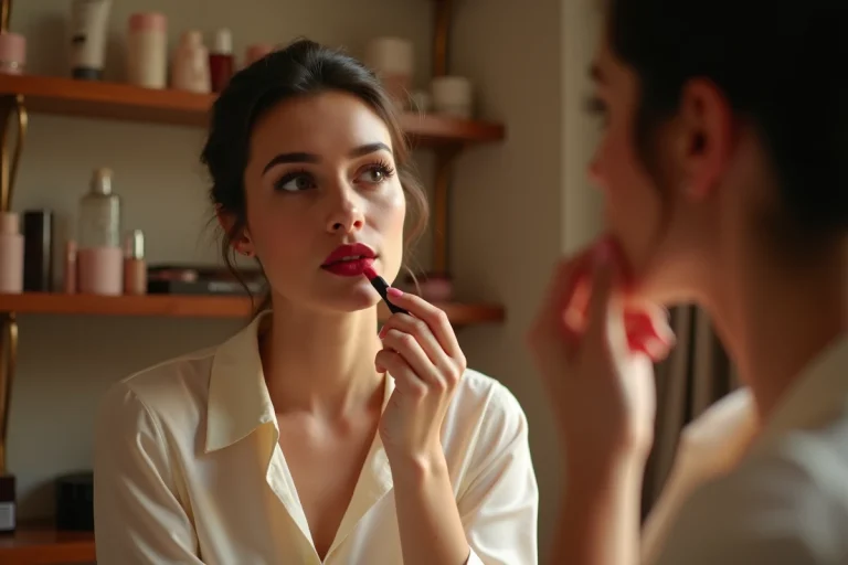 Femme appliquant un rouge à lèvres rouge profond devant un miroir de coiffeuse vintage dans un dressing élégant