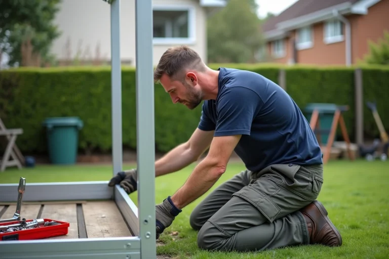 Homme moyenâge en train d'assembler un carport en aluminium dans un jardin