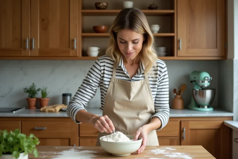 Femme mesurant de la farine dans un bol en céramique dans une cuisine rustique en bois, astuce de cuisine du quotidien