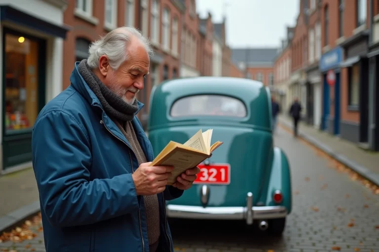 Homme belge lisant un livre historique près d'une voiture ancienne