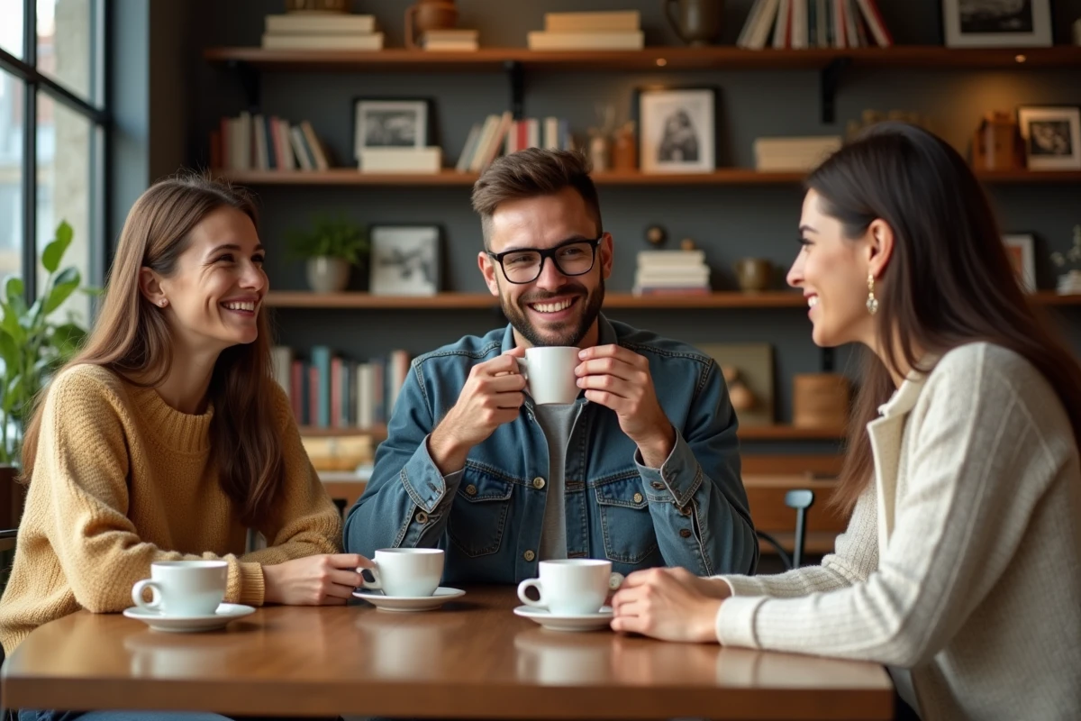 Groupe de jeunes adultes mode en discussion dans un café