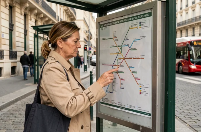 Femme consultant la carte simplifiée du réseau de bus à Paris devant un abribus haussmannien
