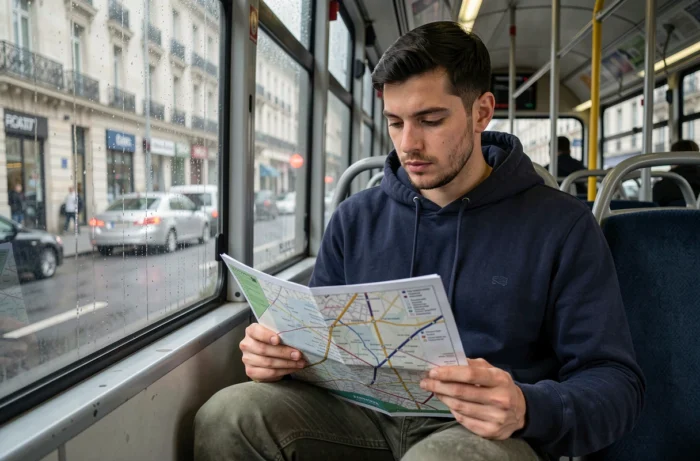 Junger Mann, der eine Karte der Busverbindungen der RATP im Inneren eines Pariser Busses konsultiert