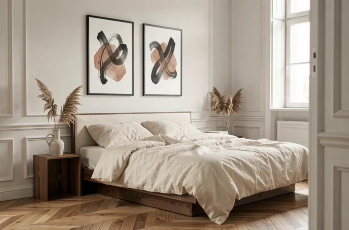 Chambre style haussmannien avec mur galerie de trois œuvres d'art French Touch en encre sur parquet en chêne