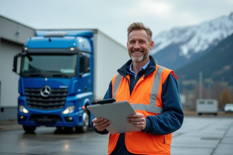 Conducteur de camion suisse avec camion moderne en montagne