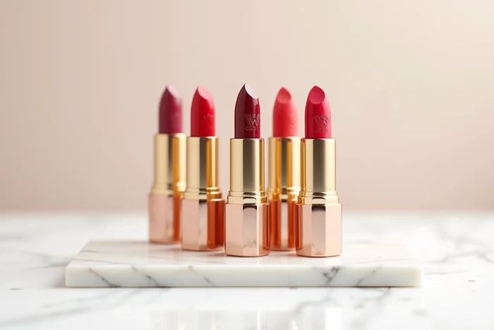 Collection de tubes de rouges à lèvres luxueux en nuances de rouge et bordeaux sur marbre blanc pour un shooting éditorial beauté