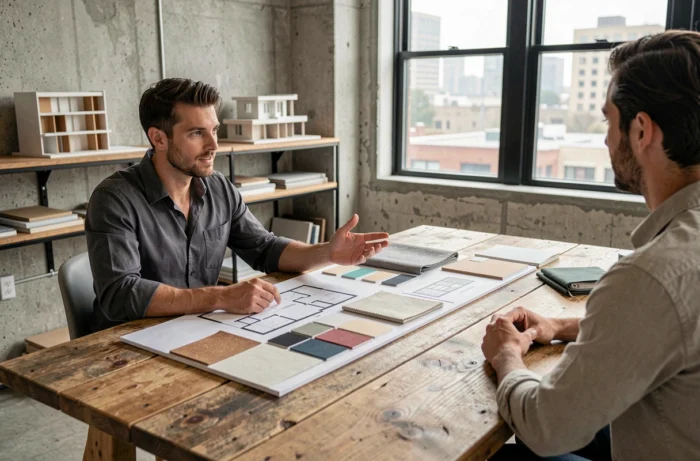 Consultor en decoración de interiores presentando un tablero de inspiración a un cliente durante una sesión de asesoramiento en estudio