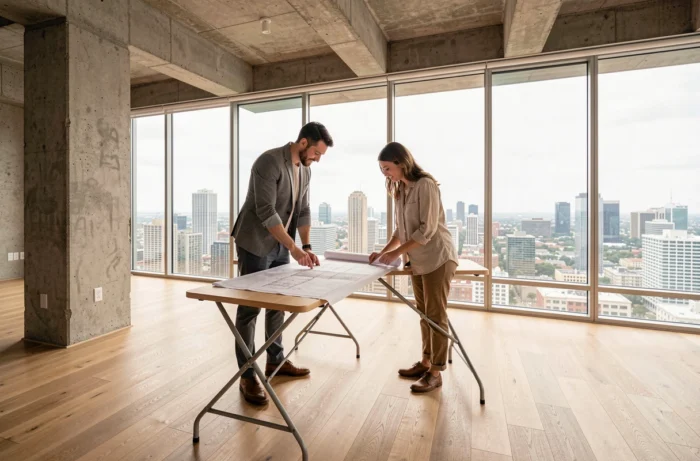Couple examinant des plans architecturaux dans un appartement neuf avec vue panoramique sur la ville