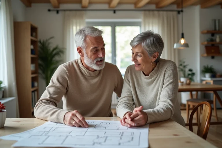Couple discutant plans d'aménagement dans un appartement lumineux
