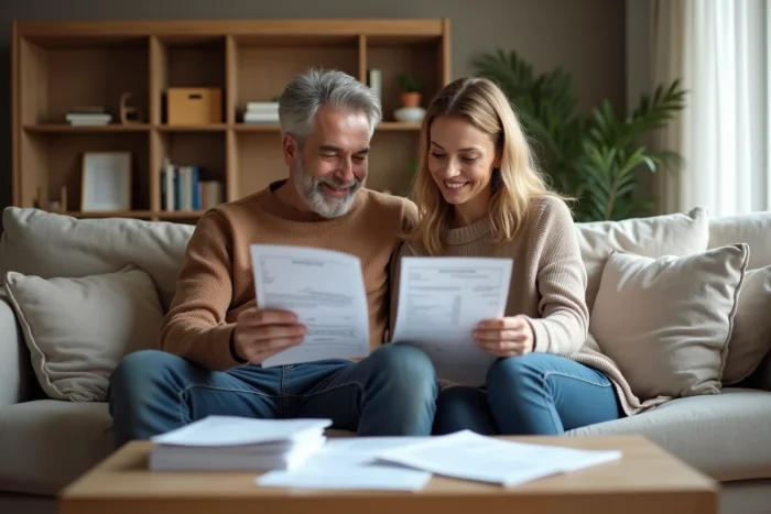 Couple passant en revue leurs finances personnelles ensemble dans leur salon avec documents et tablette