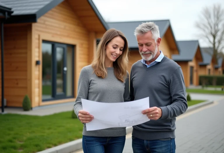 Couple devant maison en bois en banlieue