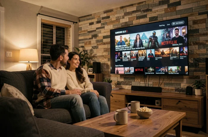 Couple regardant une série Netflix sur une TV Samsung QLED dans un salon cosy