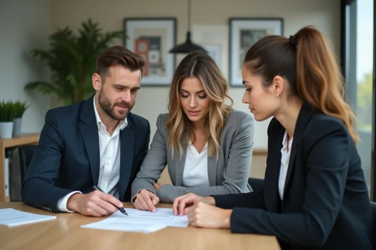 Couple en réunion avec conseiller financier pour un prêt immobilier