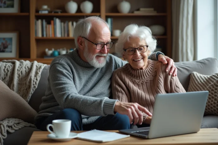 Un couple de seniors explorant ensemble les services numériques sur un ordinateur portable dans leur salon