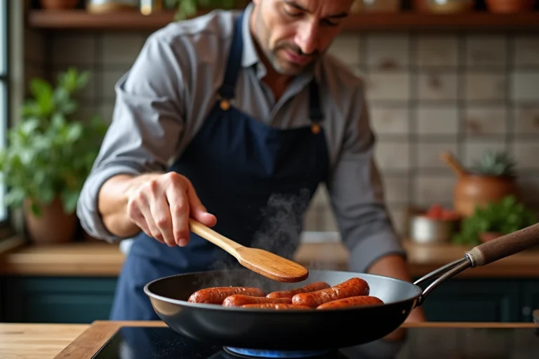 Homme en tablier marin tournant des merguez dans une poêle
