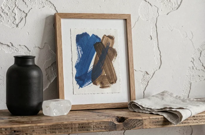 Détail d'une œuvre d'art encadrée French Touch posée sur une étagère en bois brut avec accessoires décoratifs en céramique et lin