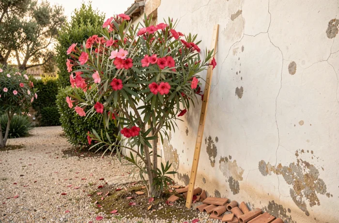 Laurier rose fleuri planté à bonne distance d'un mur en stuc blanc dans un jardin méditerranéen, avec règle de mesure pour illustrer l'espace recommandé
