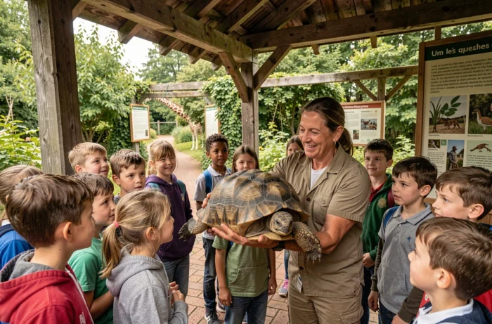 Enfants en visite scolaire découvrant une tortue géante avec un animateur dans un zoo français