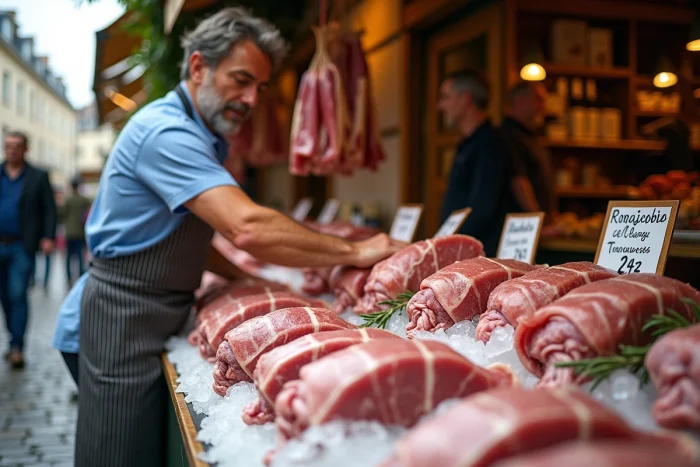 Étal de marché traditionnel français présentant des pieds de porc frais sur glace pilée avec un boucher en tablier rayé arrangeant les produits sur pavés