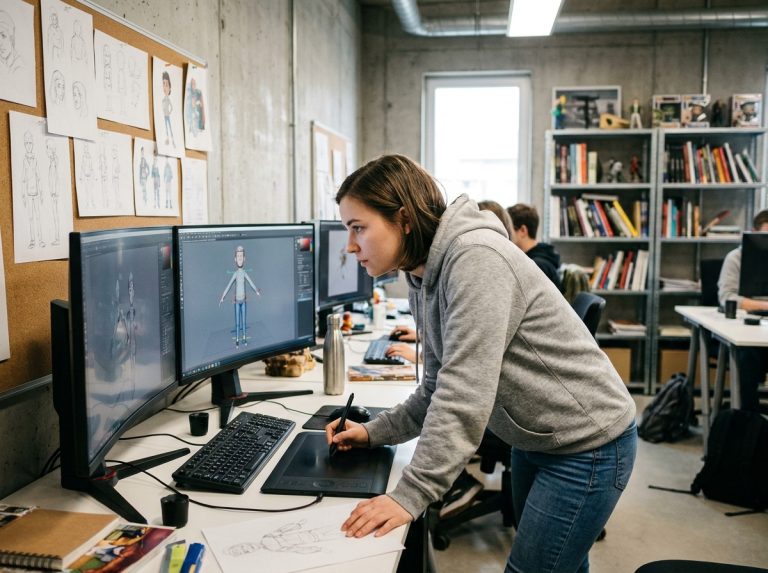 Étudiante en animation 3D travaillant sur un logiciel de modélisation dans un studio d'école d'art numérique