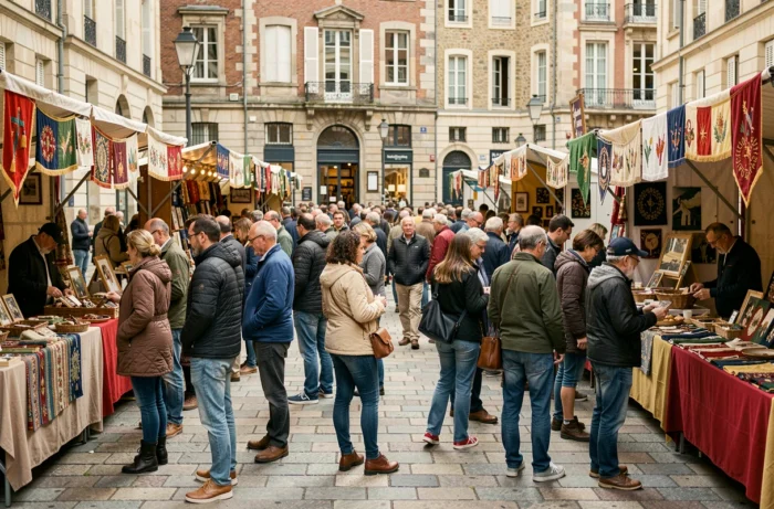 Événement culturel en plein air sur une place animée de Laval avec des stands d'artisans et une foule de visiteurs