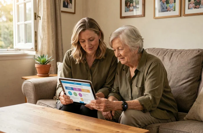 Une femme adulte aidant sa mère âgée à comparer des solutions de téléassistance senior sur une tablette numérique à la maison