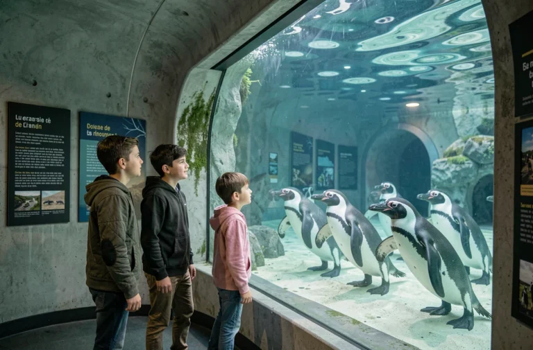Famille observant des pingouins africains dans un aquarium de zoo français, expérience immersive en famille