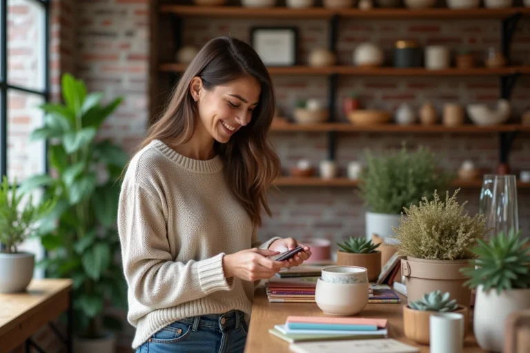 Femme souriante choisissant un objet artisanal dans un magasin cosy