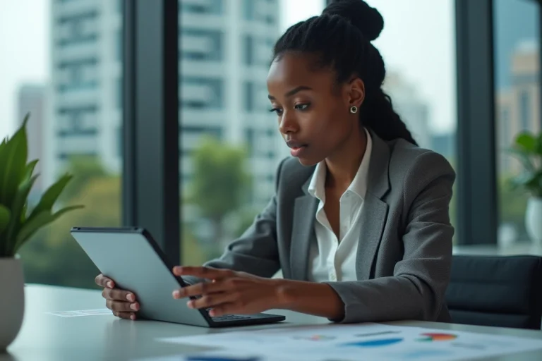 Jeune femme africaine en blazer consulte des graphiques financiers