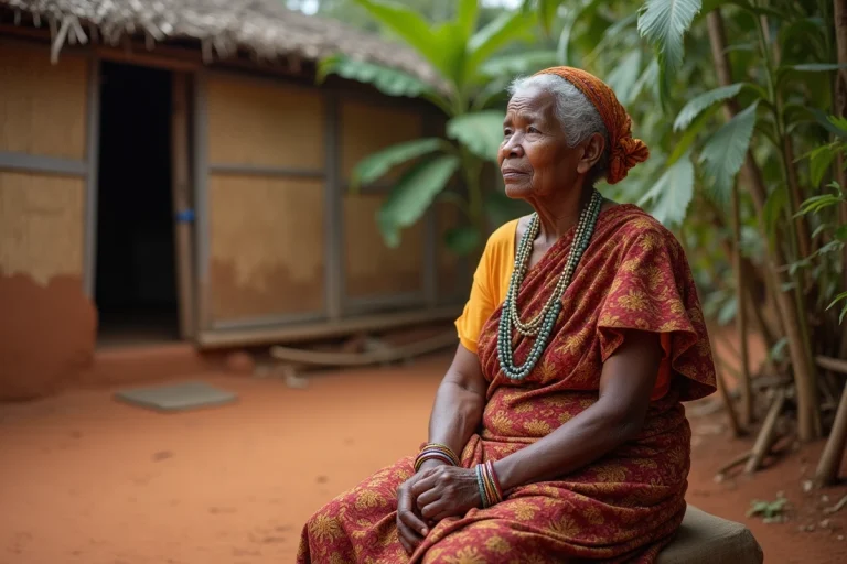 Femme malgache âgée en tenue traditionnelle dans la cour