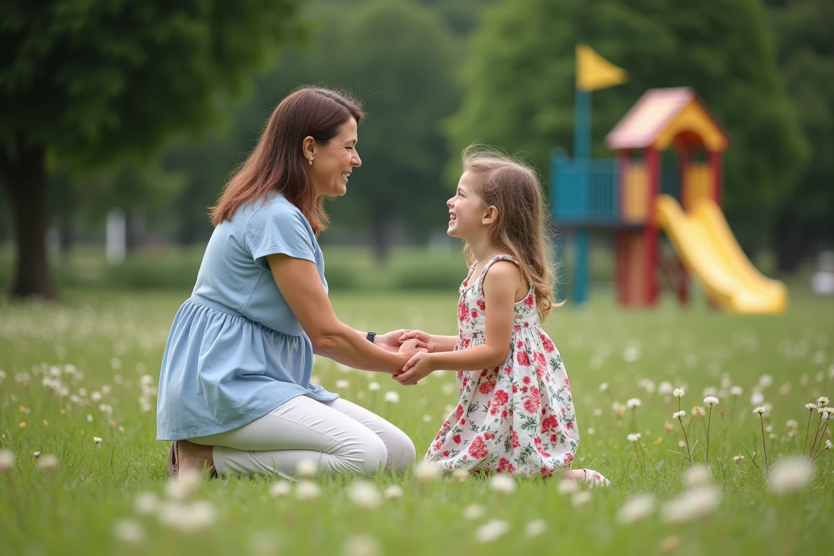 Femme et sa fille adoptive main dans la main dans un parc