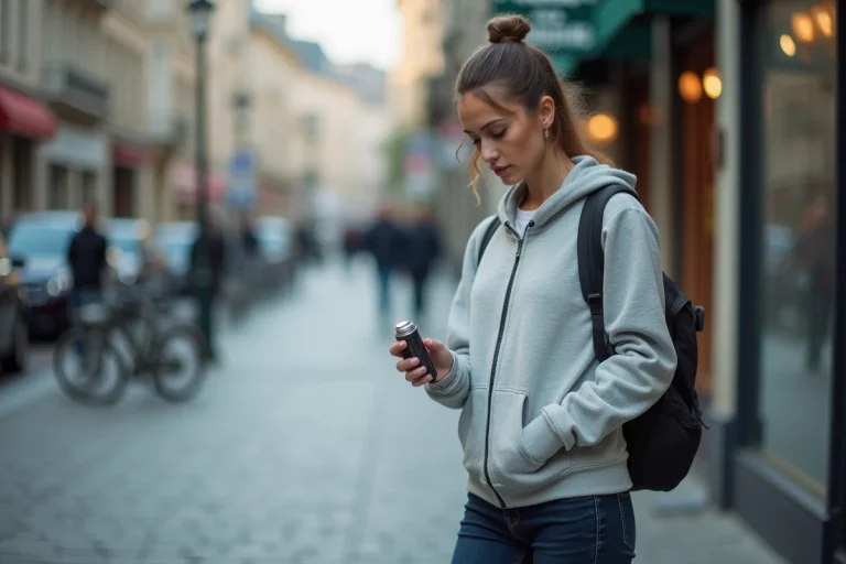 Femme tenant une bombe poivre anti-agression dans une rue urbaine européenne, guide d'utilisation légale