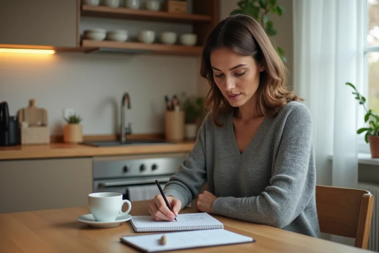 Femme gérant son budget personnel avec un carnet de notes à la table de sa cuisine moderne