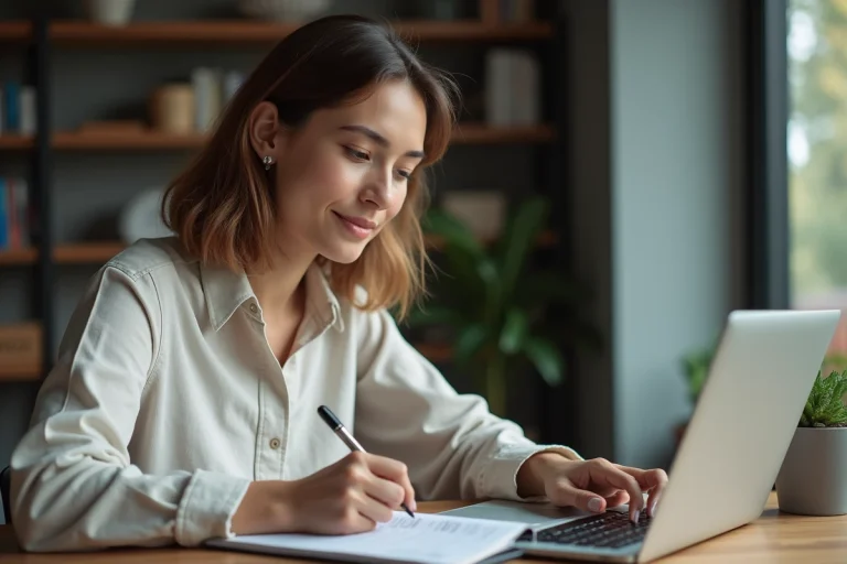 Femme assise à son bureau à domicile en train de travailler