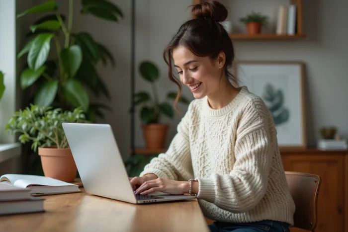 Femme assise à son bureau à domicile avec ordinateur et plantes