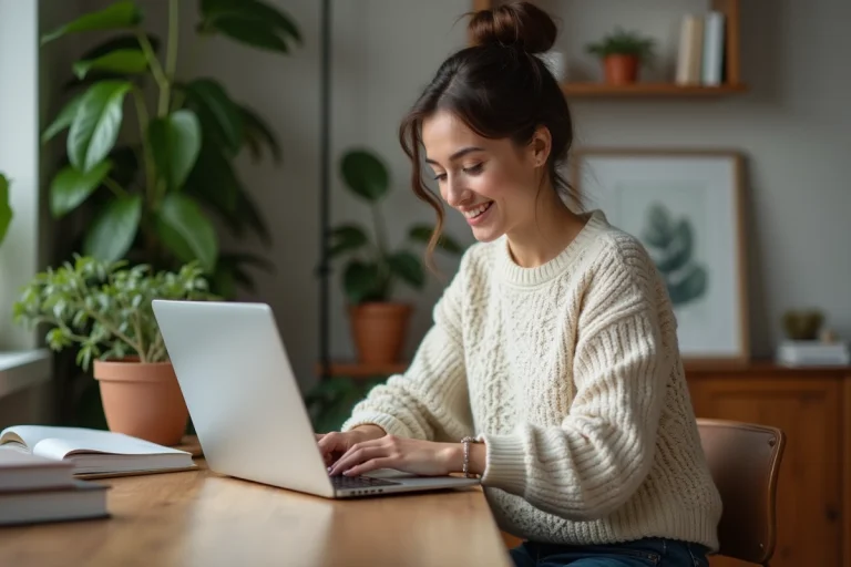 Femme assise à son bureau à domicile avec ordinateur et plantes
