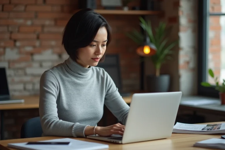 Femme consultant les dernières tendances technologiques sur un laptop dans un bureau moderne