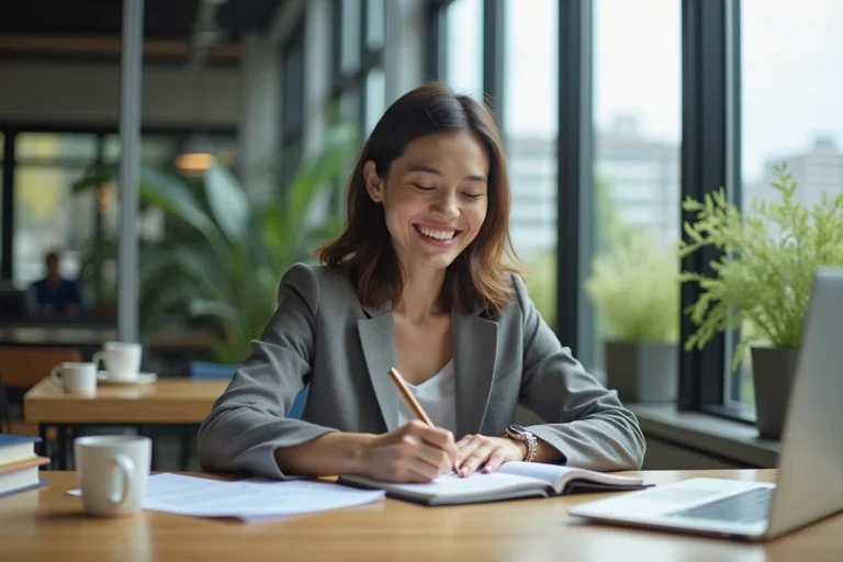 Femme souriante en bureau moderne écrivant dans un carnet