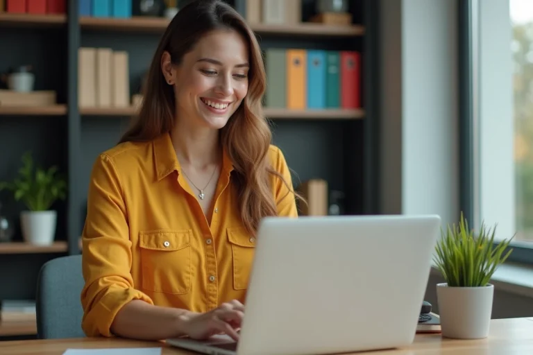Femme en bureau moderne travaillant sur son ordinateur portable